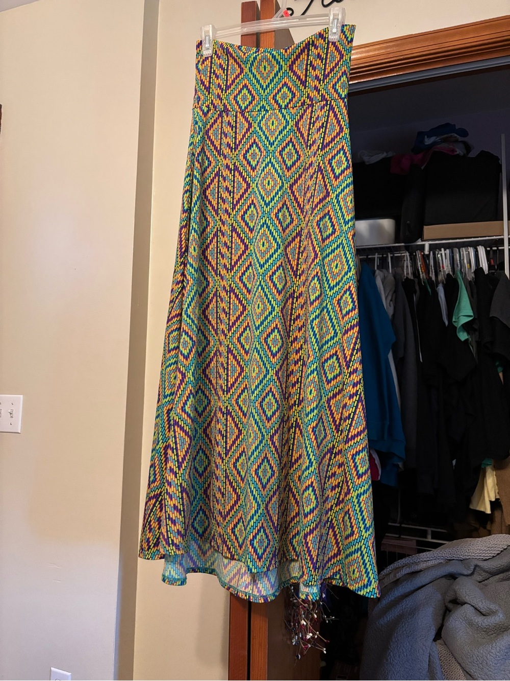LuLaRoe Multicolor Diamond-Print Maxi Skirt in Green, Blue, Yellow, Purple